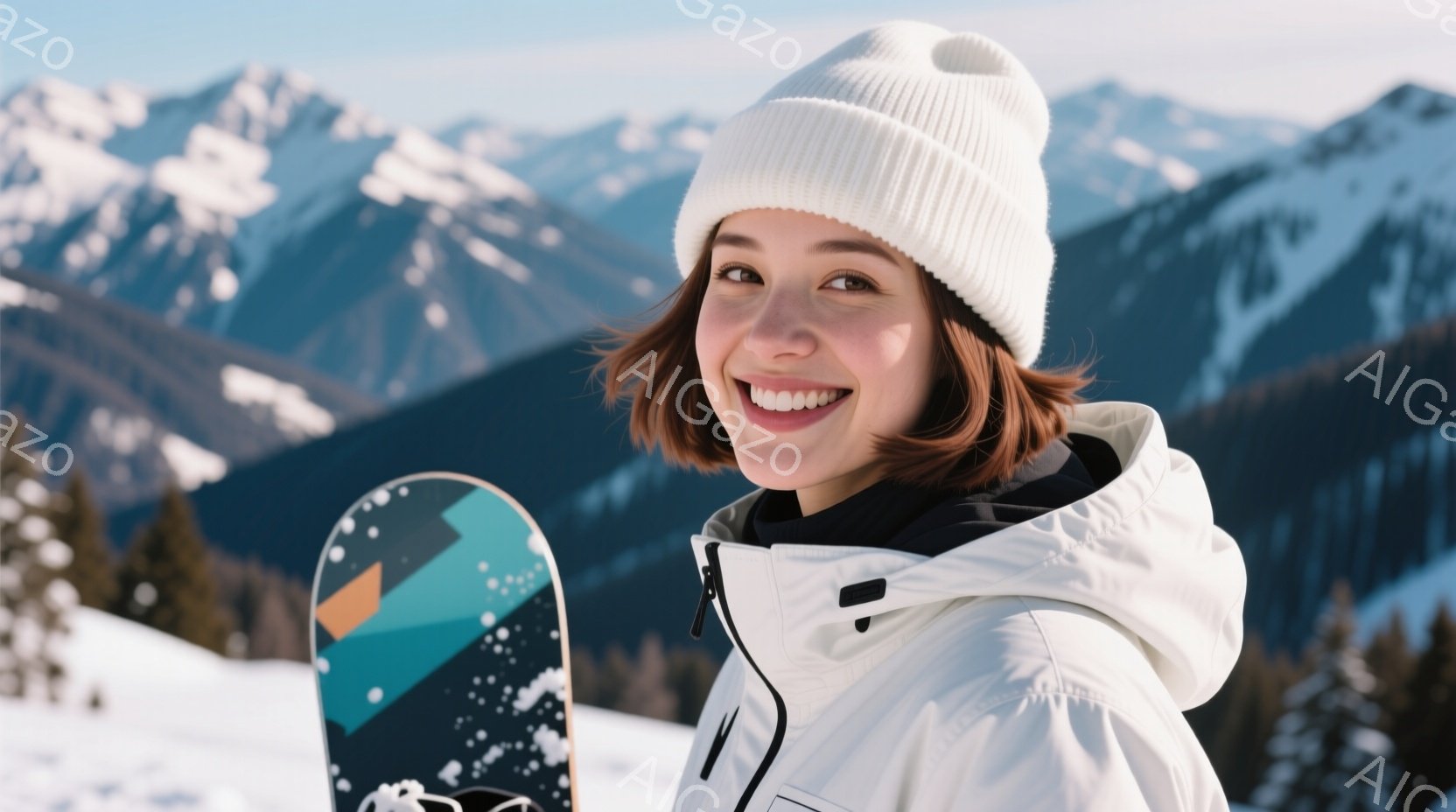赤毛の女性が、白いニット帽と白いジャケットを着用し、雪山を背景に笑顔でポーズをとっています。彼女はスノーボードを持っており、楽しそうな表情をしています。背景には雪をまとった山々が広がり、晴れた冬の日の - AI生成フリー素材