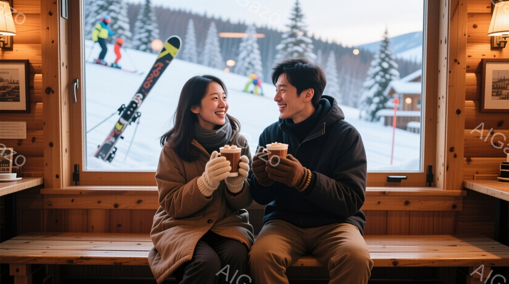 窓際の席に座り、暖かい飲み物を手にしている若い男女が写っています。女性はベージュのコートと黒いパンツ、長い髪をなびかせ、笑顔で男性を見つめています。背景には雪山とスキー場があり、冬の暖かく幸せな雰囲気が漂っています。