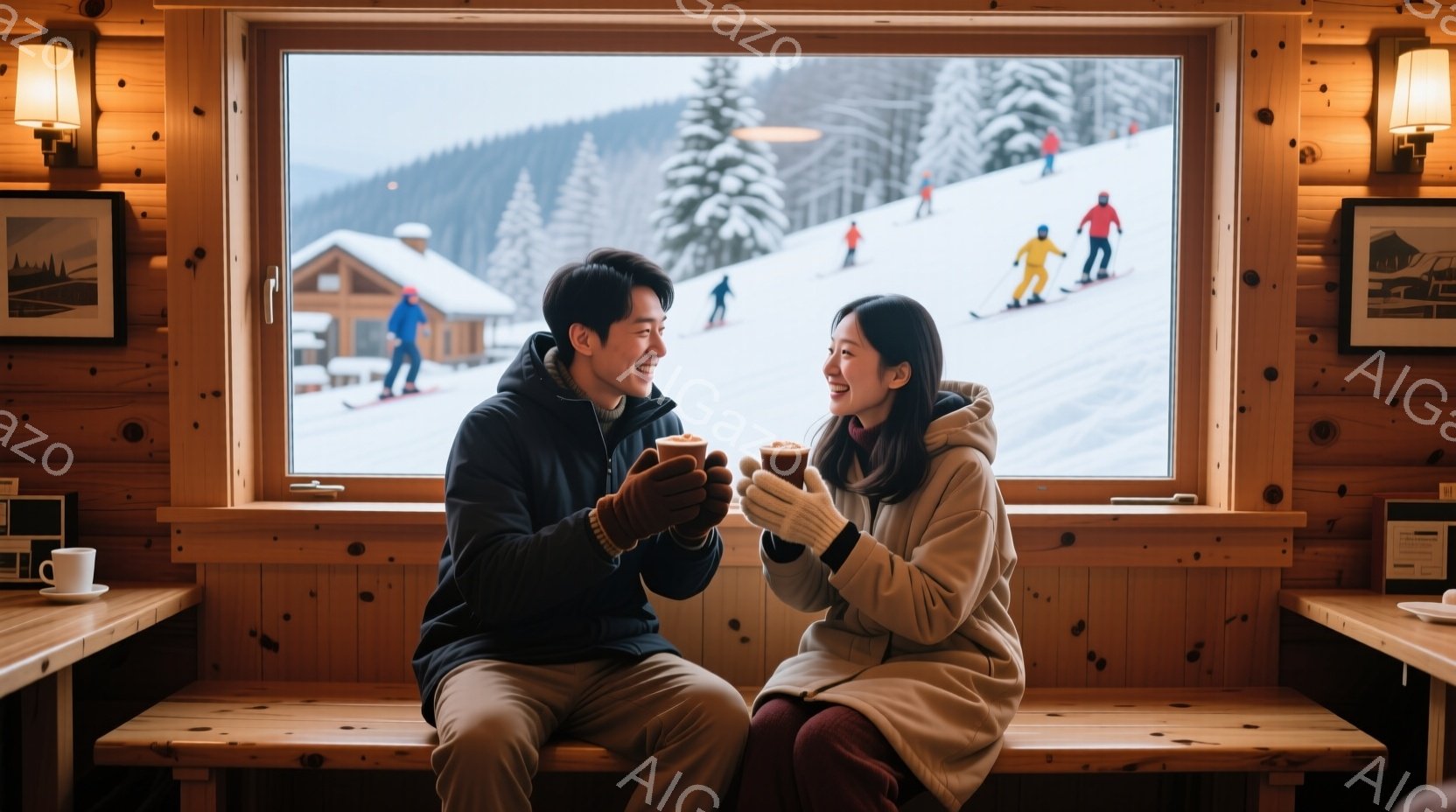 暖炉のある木製の内装のカフェで、若い男女が温かい飲み物を手に微笑み合っている。男性はネイビーのジャケットとベージュのパンツ、女性は白いコートとワインレッドのパンツを着用し、リラックスした雰囲気である。背景には雪景色が広がり、スキーヤーが滑走しているのが見える。