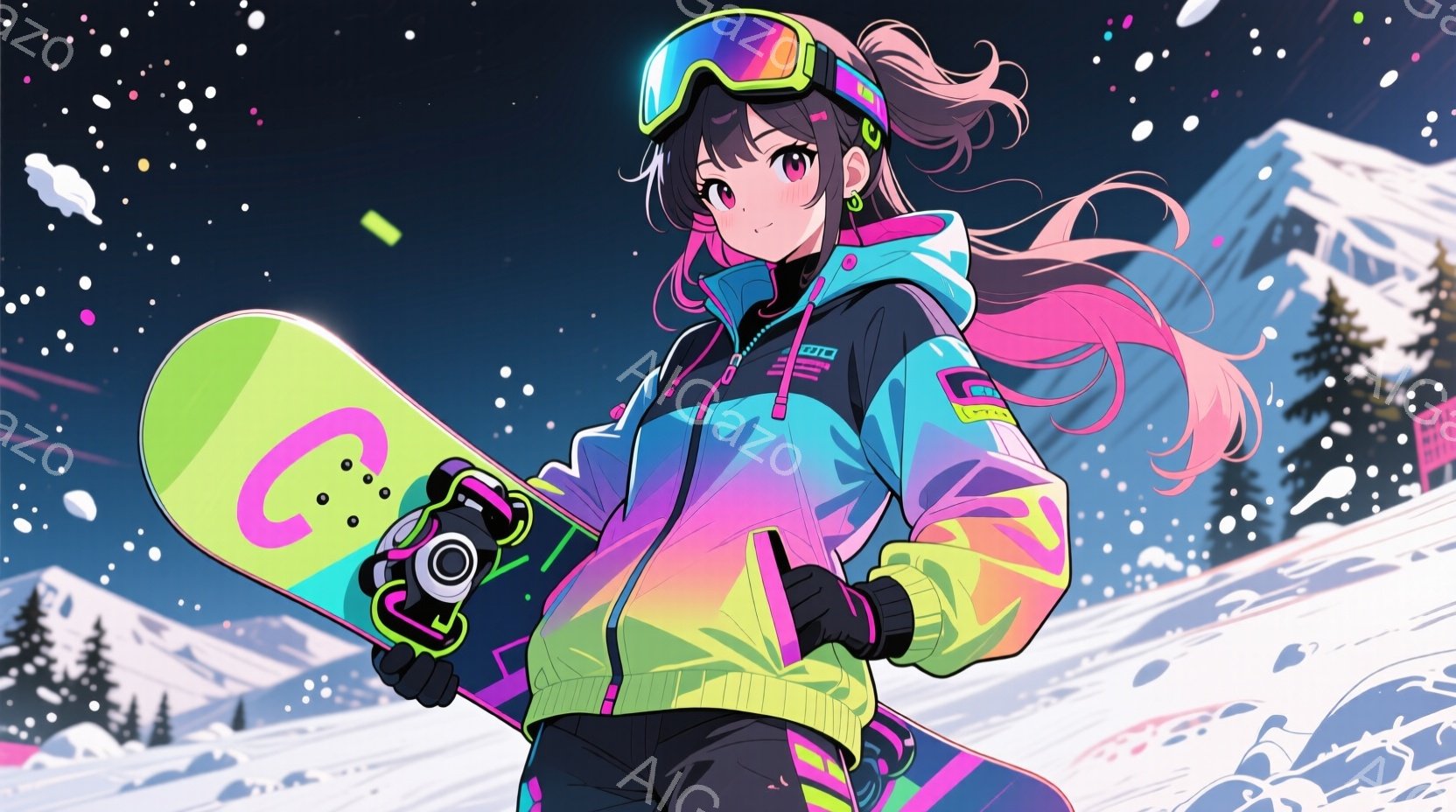 明るいピンクと紫のグラデーションのウィンドブレーカーを着た若い女性が描かれています。彼女は黒いスキーパンツと手袋を着用し、ピンク色の髪をポニーテールにしています。背景には雪山と針葉樹林、そして雪が降る夜空が広がっており、全体的に鮮やかで活気のある雰囲気を醸し出しています。