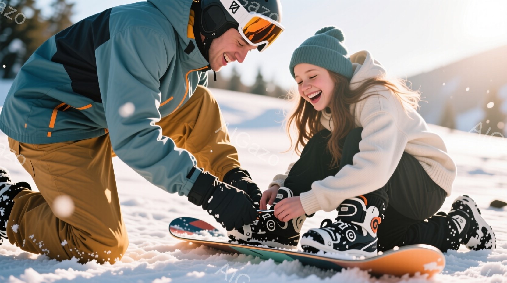 雪の上に膝をついた男性が、少女のスノーボードブーツの紐を結んであげています。男性は明るい色のジャケットと黒いヘルメット、ゴーグルを着用し、少女はニット帽と白いセーターを着ています。背景には雪に覆われた - AI生成フリー素材