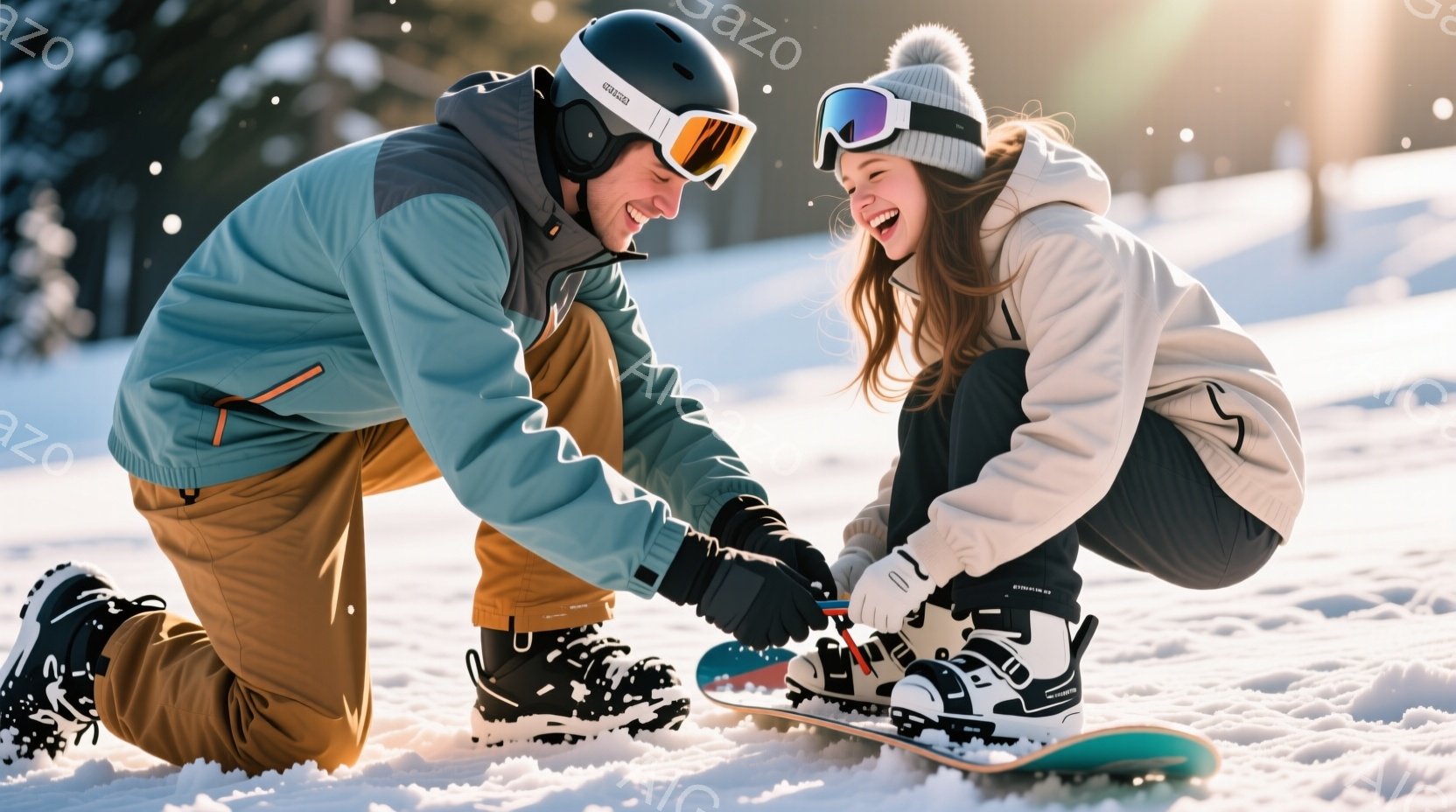 雪景色の中で、男性が女性のブーツのストラップを締めている様子が描かれています。男性はターコイズブルーのジャケットと黒いズボンを着用し、ヘルメットとゴーグルを装備しています。女性は赤いニット帽をかぶり、笑顔でブーツを見つめ、背景には雪原が広がり、晴天で明るい雰囲気です。