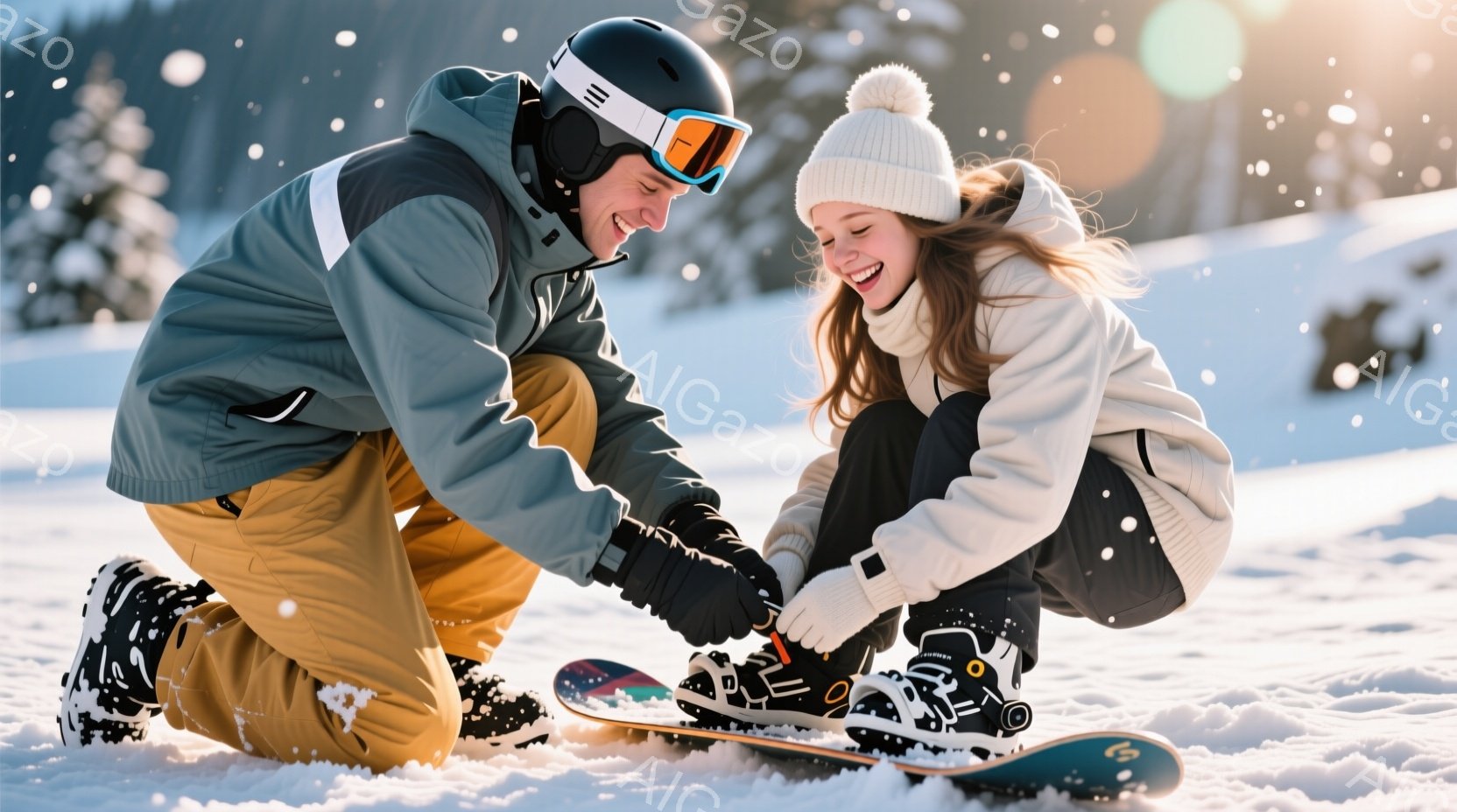 雪山の中で、男性が女性のブーツのストラップを締めるのを手伝っています。男性はヘルメットとゴーグルを着用し、明るい黄色のズボンと濃い色のジャケットを着ています。女性は白いニット帽を被り、白いセーターを着ていて、楽しそうに微笑んでいます。