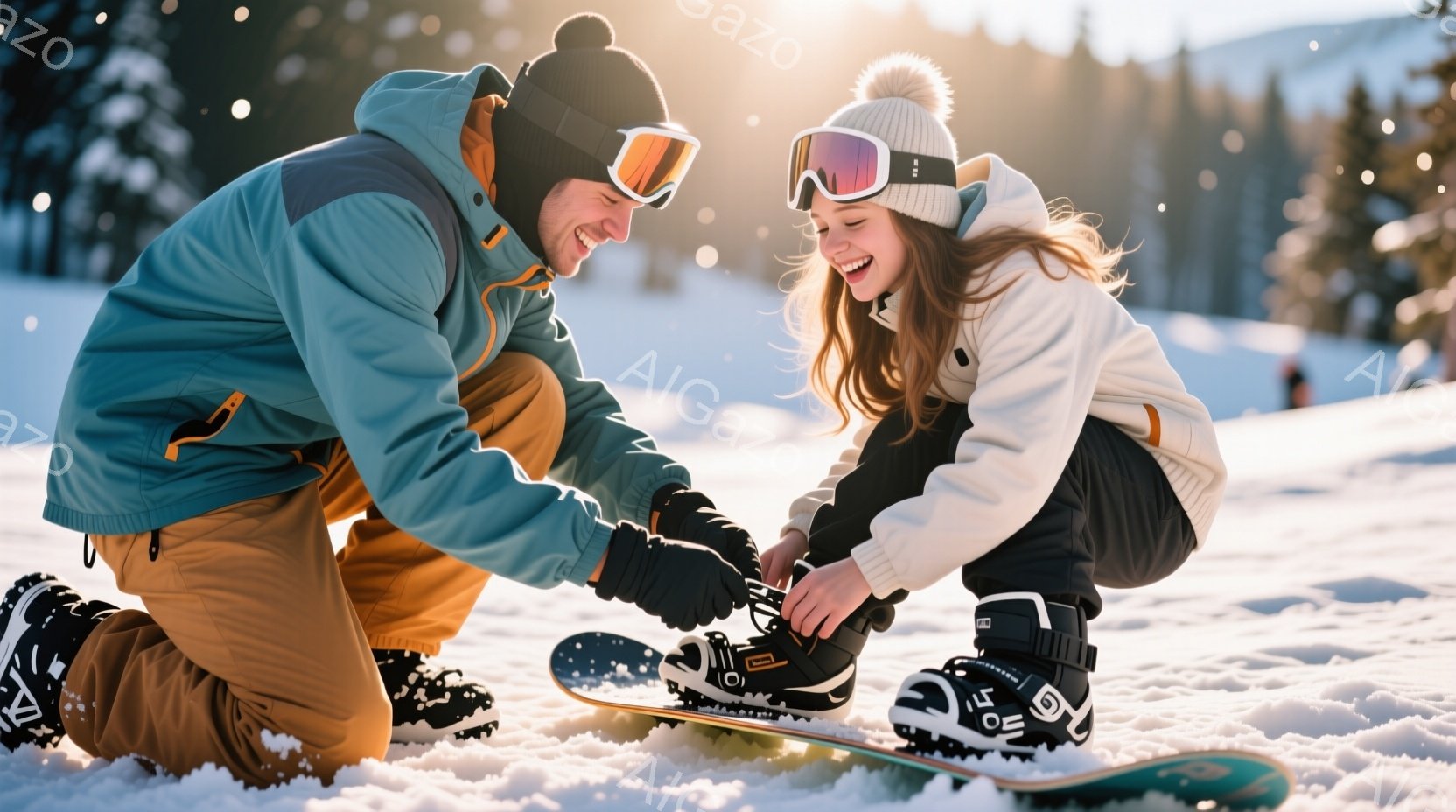 雪山で、男性と少女がスノーボードのビンディングを調整している様子が写っている。男性はターコイズブルーのジャケットにオレンジ色のズボン、少女は白いジャケットに黒いズボンを着用し、それぞれゴーグルと帽子を - AI生成フリー素材