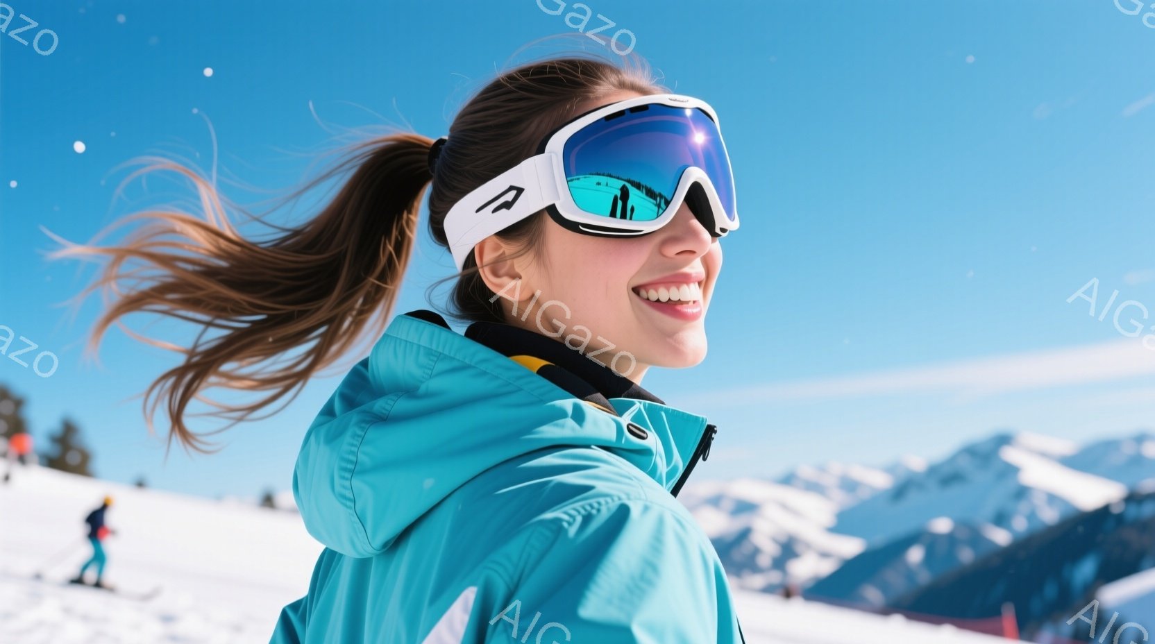 明るい青色のスキーウェアに身を包んだ女性が、雪山を背景に笑顔でこちらを見ている。髪は高い位置でポニーテールにしており、ゴーグルが顔の半分を覆っている。背景には雪景色が広がり、遠くには山々が見え、晴天で - AI生成フリー素材