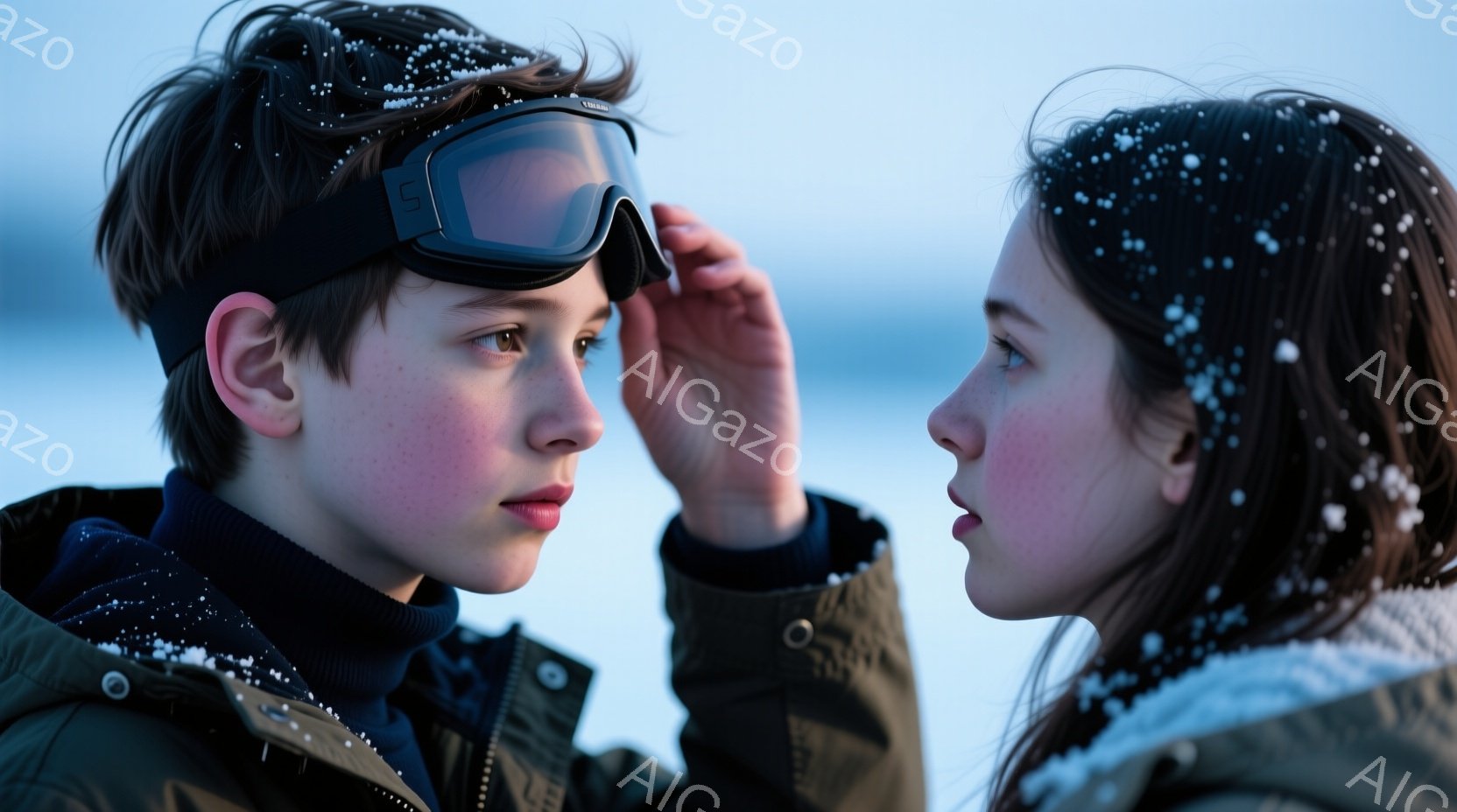 少年はスキーゴーグルを押し上げ、鋭い眼差しで何かを見つめています。彼は紺色の襟付きのセーターを着ており、髪は短く無造作にセットされています。背景には、雪が舞う白く開けた景色が広がり、少女が横を通り過ぎるのが見え、全体的に冬の静けさと、どこか憂いを帯びた雰囲気が漂っています。