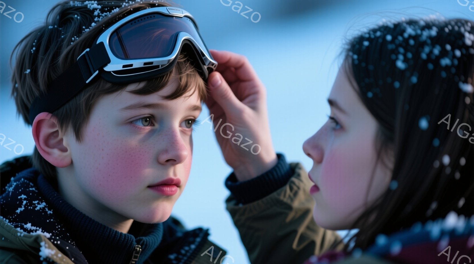 少年は黒い巻き襟のセーターとジャケットを着ており、そばかすがあり、真剣な表情で前方を見据えています。大人の手が少年の頭にゴーグルを装着しようとしており、焦点は少年の顔に合っています。背景はぼやけており、雪が舞う寒い屋外の様子が伺え、全体的に暖かく、親密な雰囲気が漂っています。