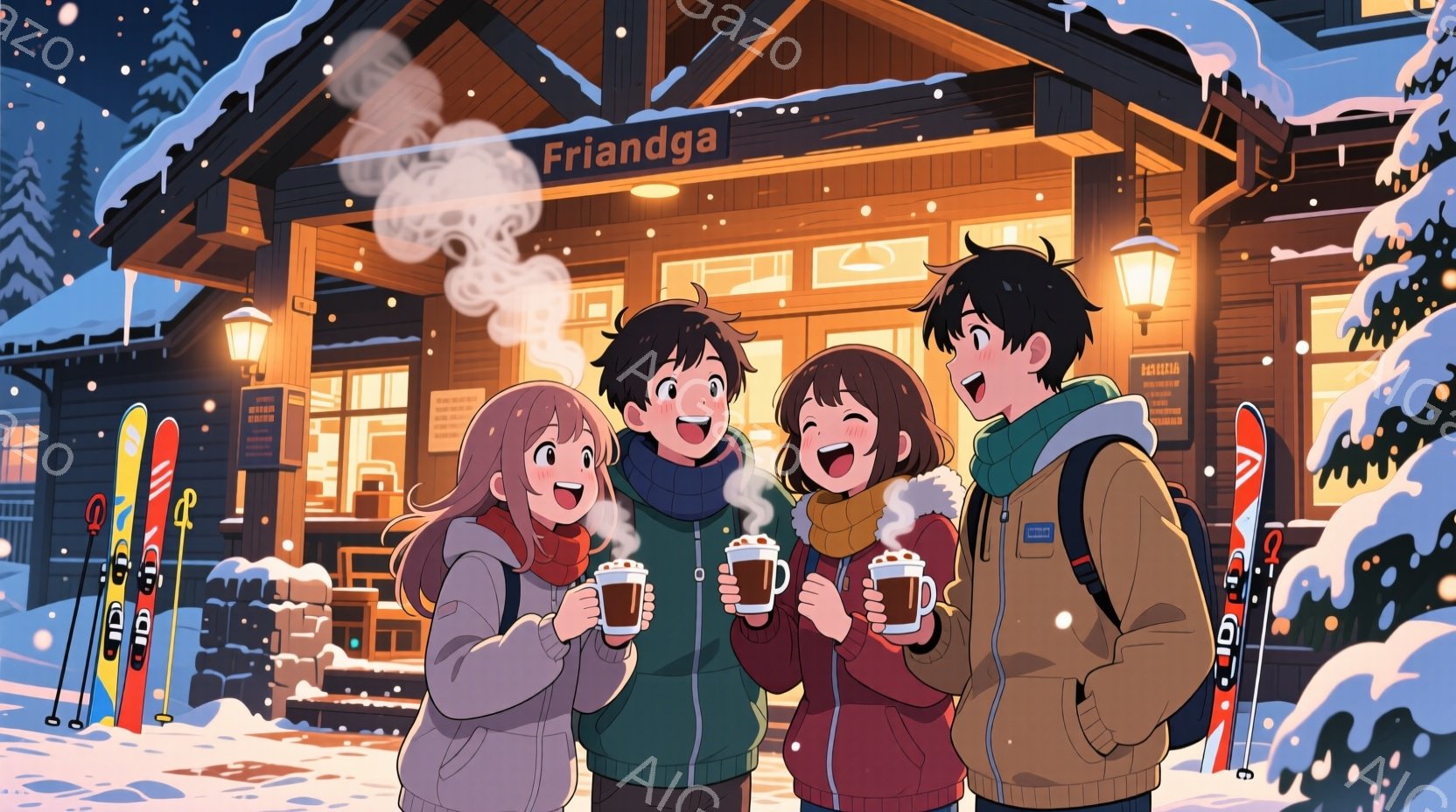 雪が降り積もるスキーリゾートの前で、四人の若い男女が温かい飲み物を手に笑顔でポーズをとっています。彼らは皆、冬の装いで、厚手のコートやニット帽をかぶり、それぞれ異なるヘアスタイルをしています。背景には、木造の可愛らしい建物と、雪に覆われた山々が広がり、温かく、明るい雰囲気を醸し出しています。