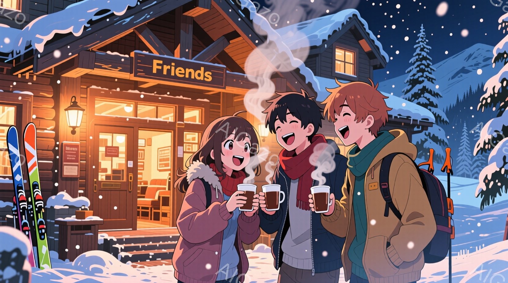 雪景色の中で温かい飲み物を持つ３人の若者が描かれています。女性はピンクの帽子と茶色のコートを着ており、笑顔でカップを持っています。男性は白いセーターと赤いマフラーを着ており、もう一人の男性は茶色のジャ - AI生成フリー素材