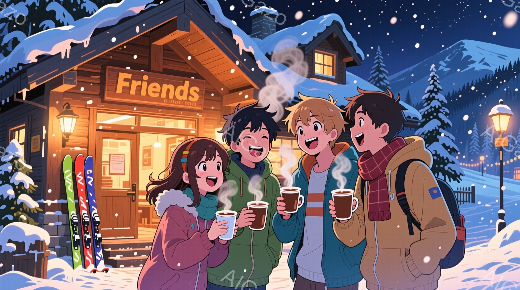 雪が降る冬の日に、スキー場前の建物前に立つ若い男女4人が描かれています。彼らは皆、暖かいセーターやジャケットを着ており、手には温かい飲み物を持っています。背景には雪に覆われた建物や木々が見え、暖かく、 - AI生成フリー素材