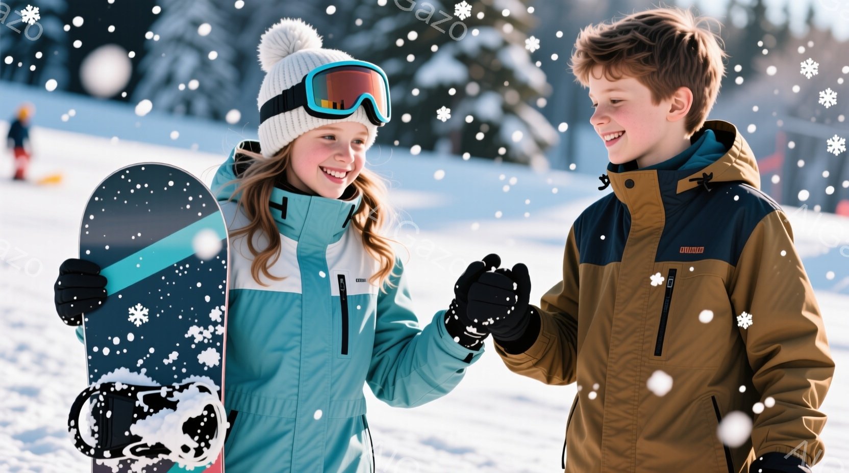 雪山を背景に、若い少年少女が楽しそうに微笑み合っている。少女はターコイズブルーのスキーウェアに白い帽子を被り、スノーボードを抱えている。少年は茶色のジャケットに黒い手袋をつけ、活発な姿勢で両手を合わせている。