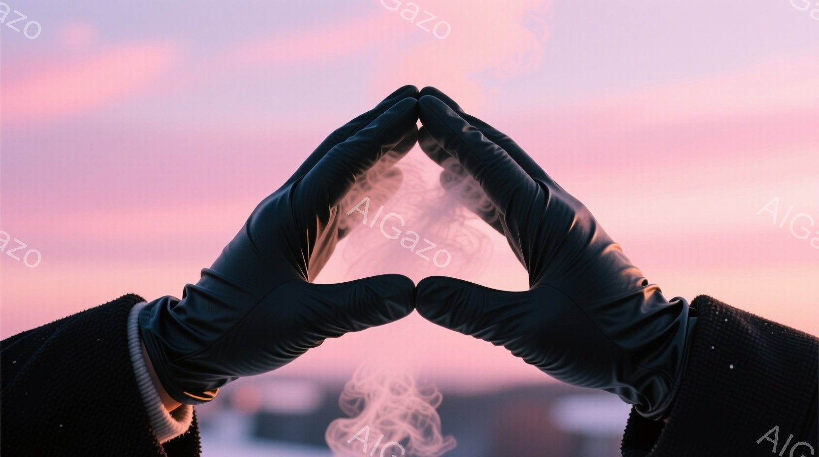 黒い手袋をはめた手が、空に向かってハートの形を作っています。背景は夕焼けのようなピンクとオレンジのグラデーションで、街並みがぼんやりと見え、温かく幻想的な雰囲気です。手からは白い煙のようなものが立ち上 - AI生成フリー素材