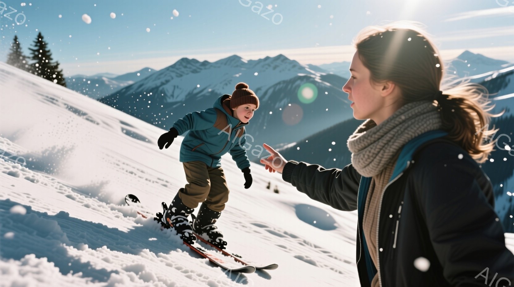 雪山をスキーで滑る少年と、彼を指差して見守る女性が写っています。少年は青いスキーウェアに赤い帽子をかぶり、顔には笑顔が見えます。背景には雪をまとった山々が広がり、晴天で雪が舞う冬の景色が広がっています - AI生成フリー素材