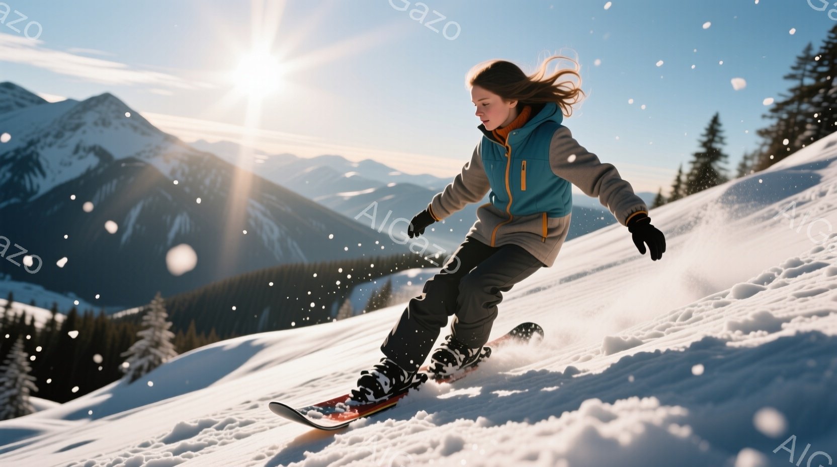 雪山をスキーで滑走する少女が写っている。彼女は黒いスキーウェアにオレンジ色のベスト、髪は風になびき、集中した表情で斜面を下っている。背景には雪をまとった山々と針葉樹林が広がり、晴天で太陽が輝いている。