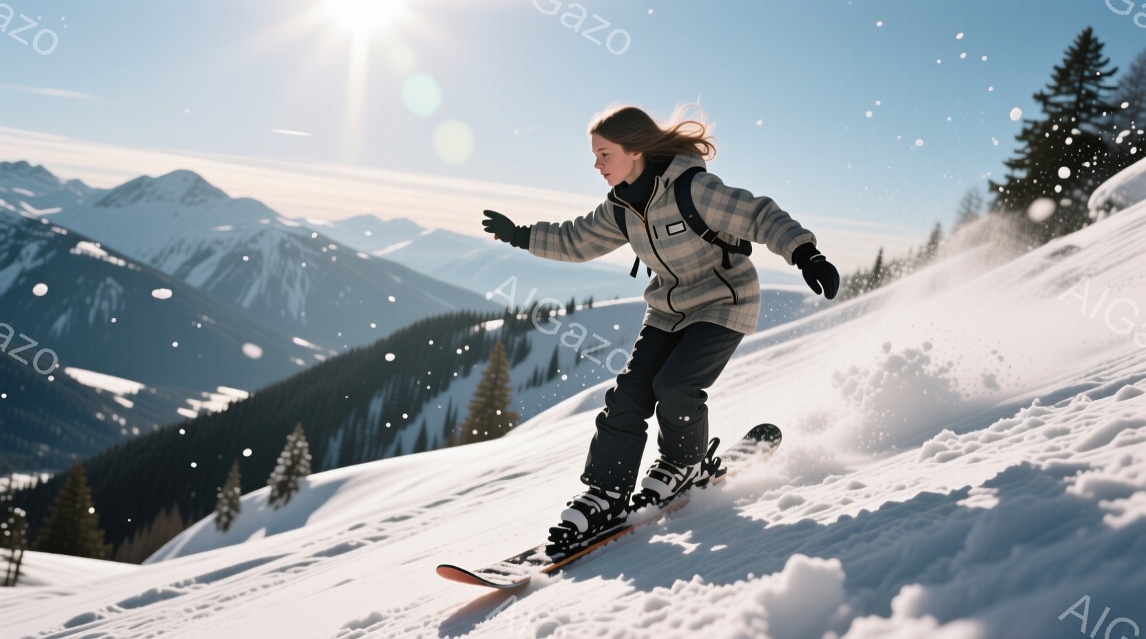 雪山をスノーボードで滑る女性が写っています。彼女はチェック柄のジャケットと黒いズボンを着用し、髪を後ろで結んでいます。背景には雪を抱いた山々が広がり、晴天の下、爽やかな冬の雰囲気が漂っています。 - AI生成フリー素材