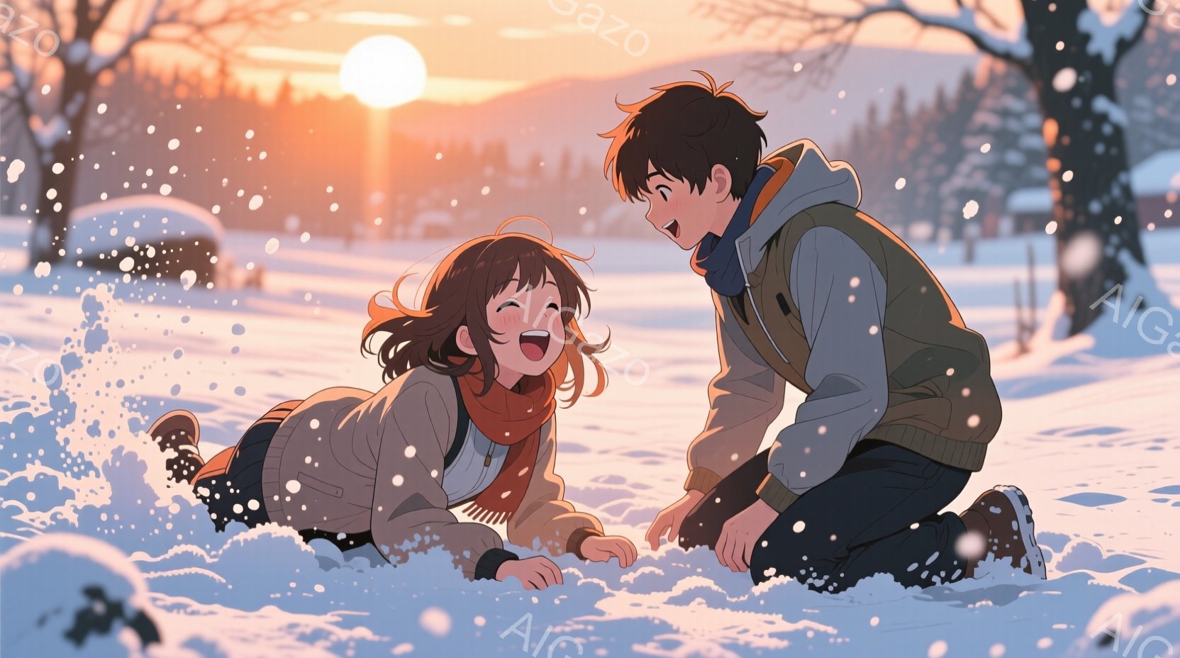 雪景色の中で、若い男女が雪合戦を楽しんでいる様子が描かれています。女性は茶色の巻き髪で、オレンジ色のジャケットと黒いズボンを着用し、笑顔で雪の中に倒れ込んでいます。男性は黒髪で、ベージュ色のジャケットと黒いズボンを着て、雪を拾い上げて女性に投げようとしています。