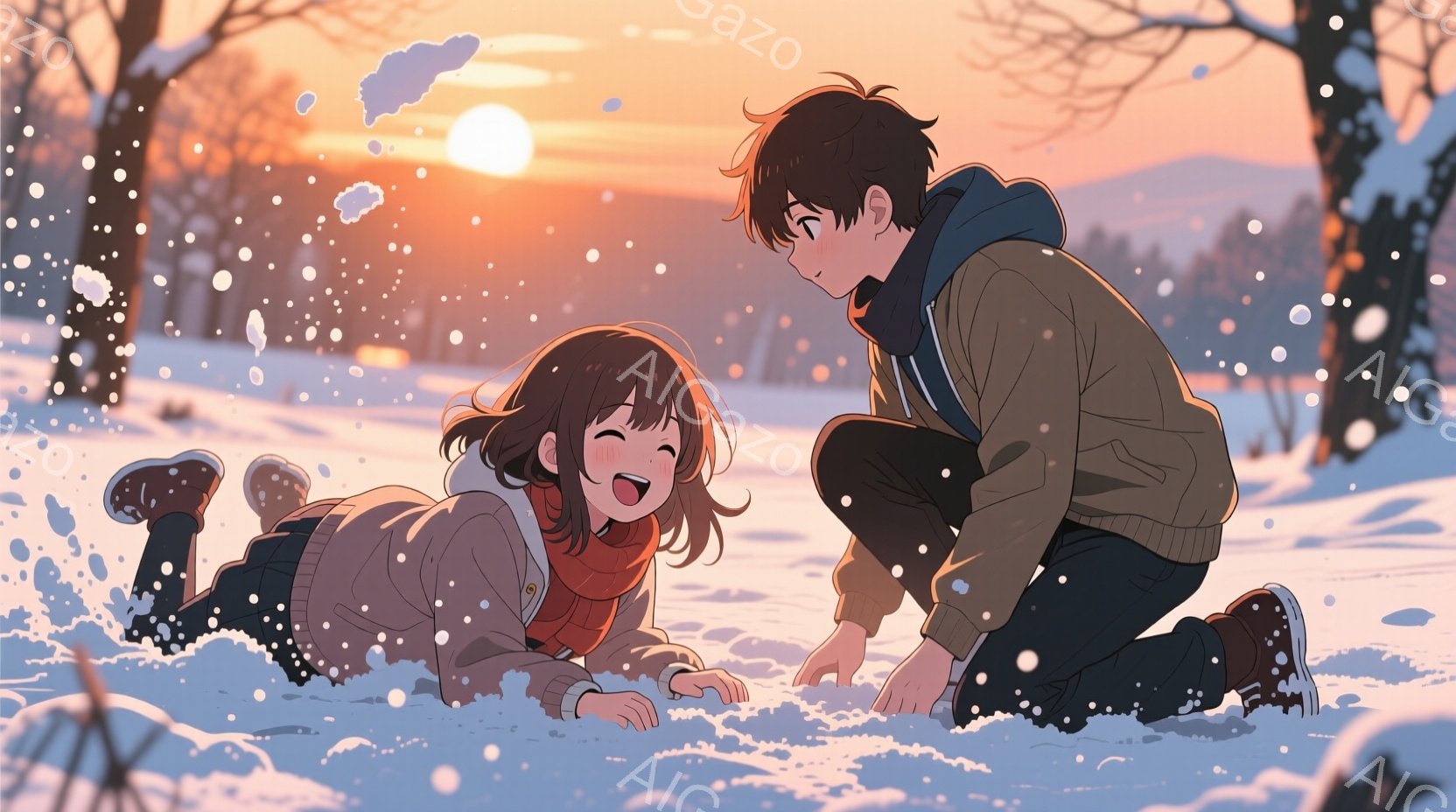 雪景色の中で、一人の少女がうつ伏せになり、雪の中で楽しそうに遊んでいます。彼女は茶色の巻き髪で、赤いセーターとベージュのジャケットを着ており、笑顔で雪と戯れています。背景には、夕焼けに照らされた雪景色が広がり、暖かく、穏やかな雰囲気を醸し出しています。