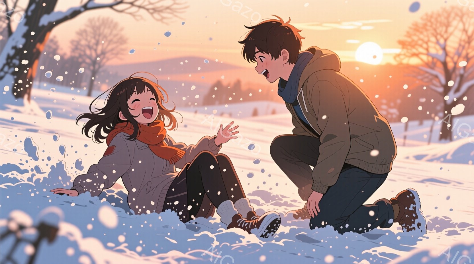 雪景色の中で、若い男女が楽しそうに雪合戦をしている様子が描かれています。女性は赤いマフラーを巻き、茶色の髪を散らし、雪の中に倒れ込んで笑っています。男性は膝をつき、女性に向かって駆け寄り、満面の笑みを浮かべています。