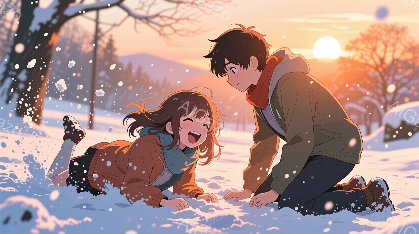 雪景色の中で、一人の女性と男性が楽しそうに雪合戦をしている様子が描かれています。女性はオレンジ色のジャケットと黒いスカートを着用し、長い茶色の髪をなびかせながら横倒しになり、笑顔を見せています。男性は - AI生成フリー素材