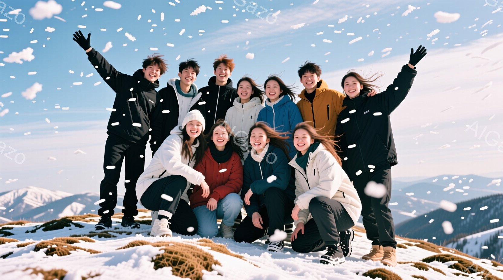 雪山を背景に、十数人の若い男女が笑顔で写っている写真です。彼らはダウンジャケットやセーターなど、防寒着を着用しており、明るい色の服を着ている人もいます。背景には雪を頂いた山々が広がり、雪が舞う冬の景色が広がっています。