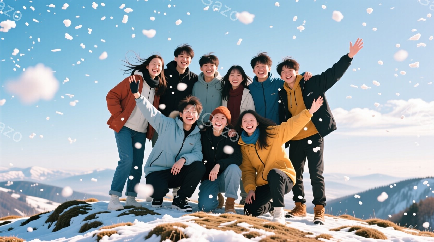 雪景色の中で笑顔でポーズをとる若い男女グループが写っています。彼らは冬の暖かい服装で、ダウンジャケット、セーター、帽子などを着用し、雪に覆われた丘の上に立っています。背景には雪をまとった山々と青空が広がり、楽しげで活気のある雰囲気を醸し出しています。