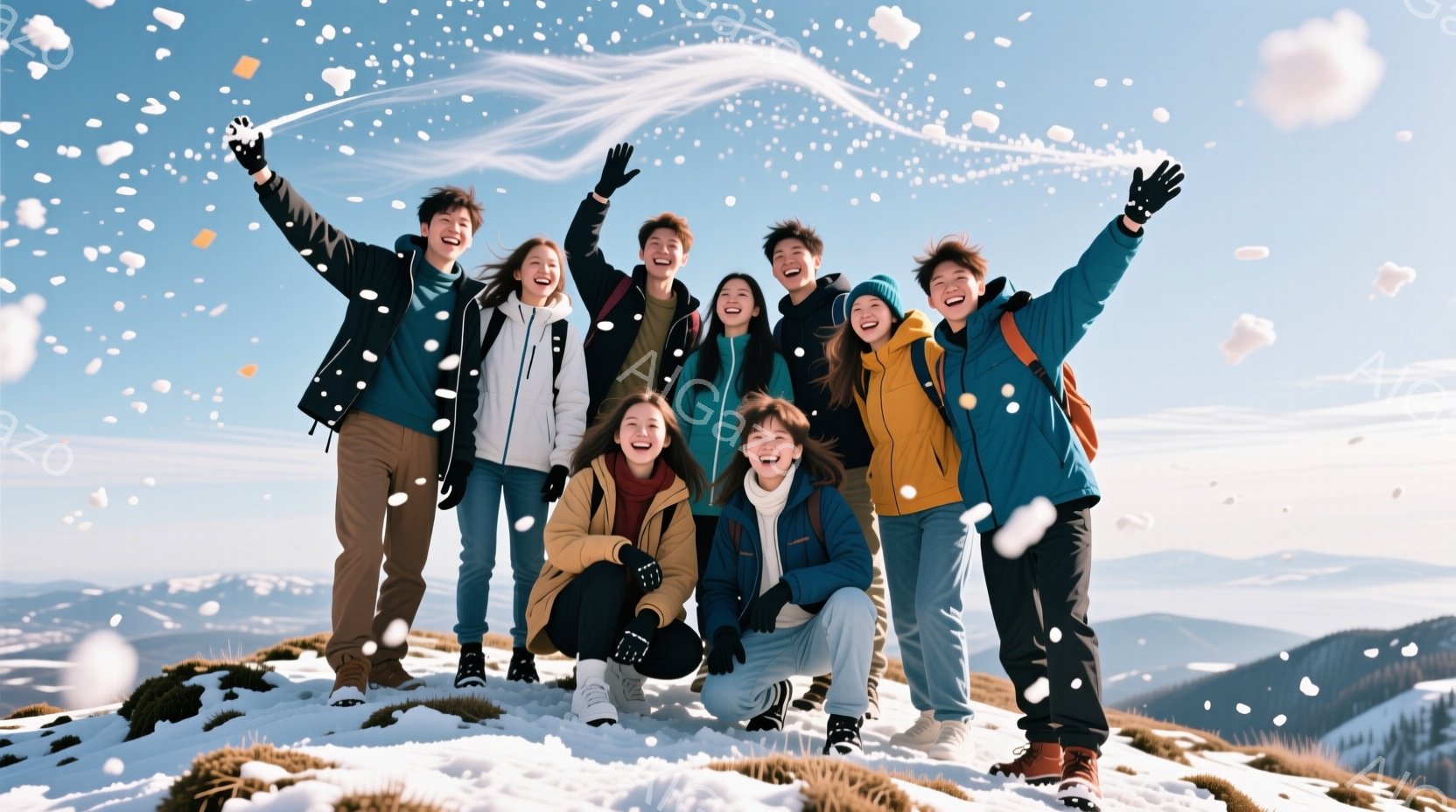 ７人の若者が雪山の頂上でポーズをとっています。皆、冬の暖かい服装で、笑顔で楽しんでいます。背景には雪に覆われた山々が広がり、雪が舞う冬の景色が広がっています。