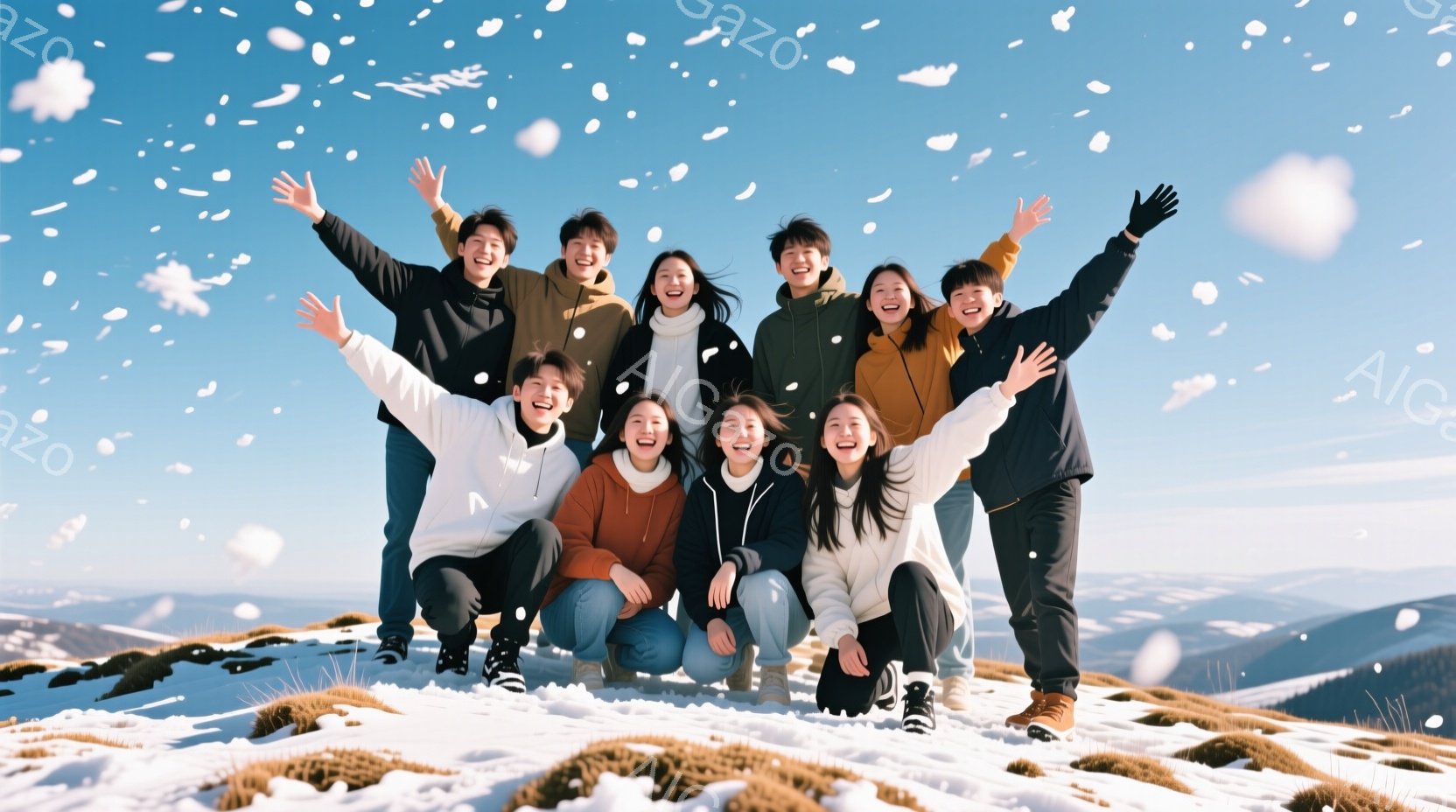 雪山を背景に、若い男女グループが写っています。皆、冬らしい服装で、白いパーカーや黒いコートを着ており、顔には笑顔が溢れています。彼らは雪原にひざまずいたり、立ち上がって両手を広げたりして、喜びと興奮を表現しています。