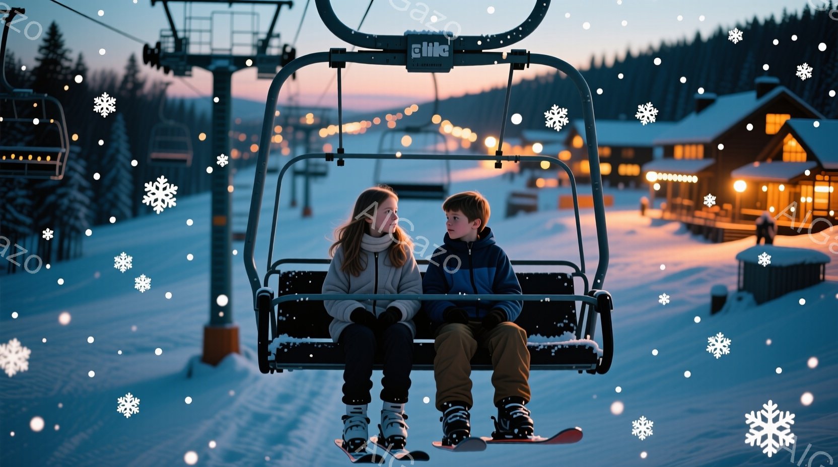 雪が降るスキー場で、リフトに乗った少年少女が並んで座っています。少女は濃い紫色のジャケットと黒いズボン、少年はオレンジ色のズボンに紺色のジャケットを着用しており、どちらもスキーブーツを履いています。背 - AI生成フリー素材
