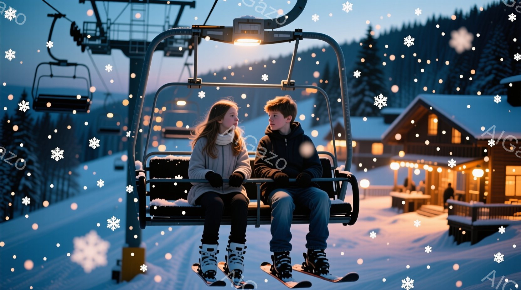雪山を背景に、スキーリフトに乗った少年少女が描かれています。少女は明るいベージュのセーターを着ており、茶色の髪を後ろでまとめています。少年は濃い青色のジャケットを着ており、リフトの中で彼女の方を見ています。背景には、暖かく光る山小屋やスキー場施設が見え、雪がちらつく冬の風景が広がっています。
