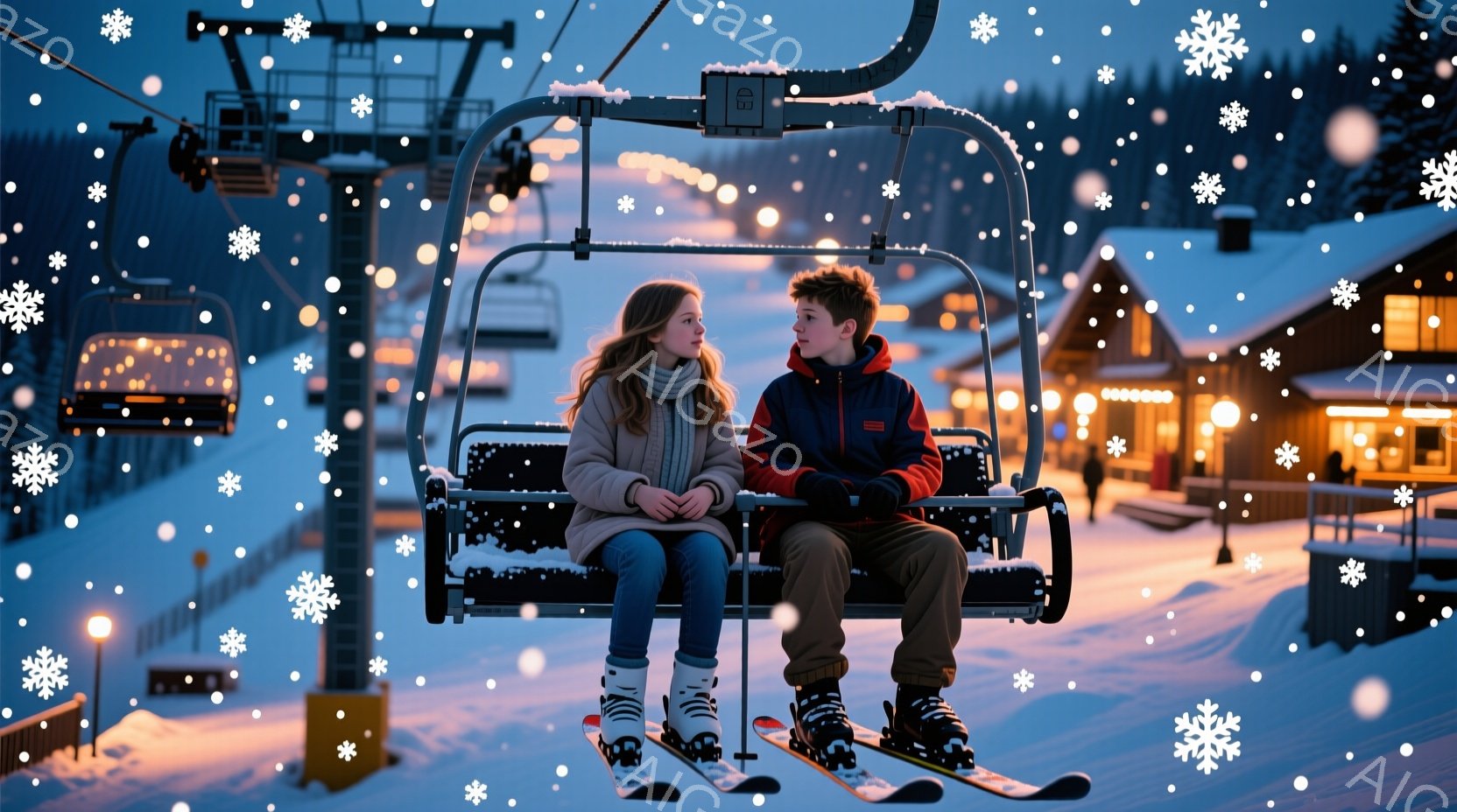 雪が降るスキー場で、少年少女がリフトに乗っている。少女は薄茶色のニットと白い靴下、少年は濃い青色のジャケットと黒いズボンを着用し、どちらもスキー板を履いている。背景にはライトアップされた建物が見え、全 - AI生成フリー素材