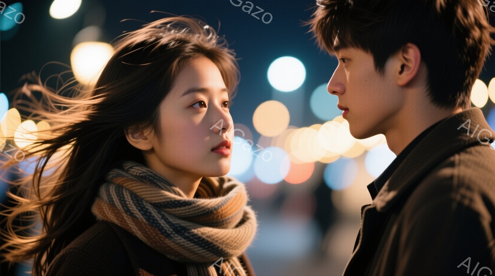 長い黒髪が風になびく女性は、チェック柄のマフラーを首に巻いており、少し憂いを帯びた表情で遠くを見つめている。隣には黒いコートを着た男性がおり、女性と同じ方向を見ているが、横顔のため表情は読み取れない。 - AI生成フリー素材