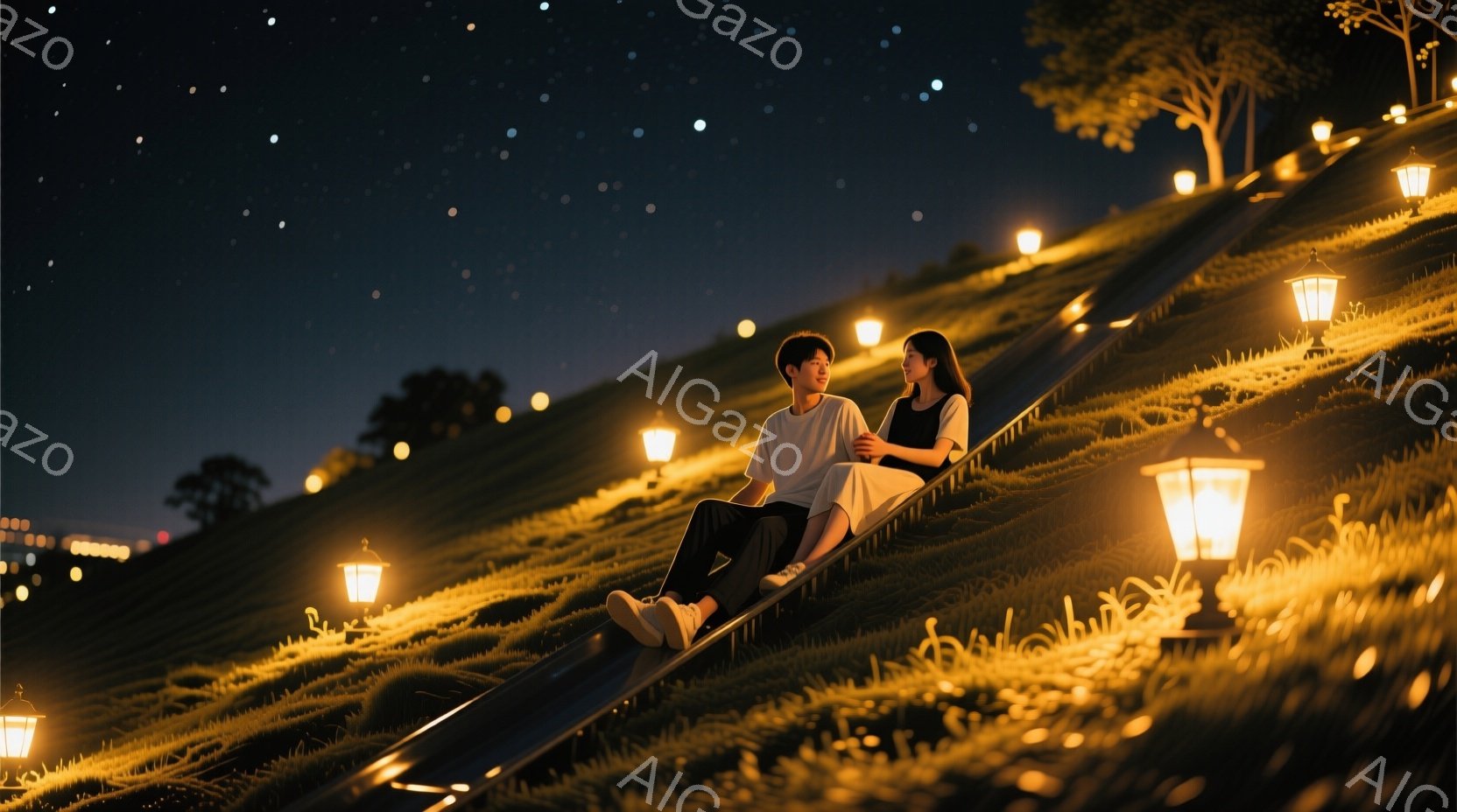 若い男女が、夜の傾斜のある芝生の上に座り、お互いに微笑み合っています。男性は白いTシャツとジーンズを着用し、女性は白いワンピースを着ています。背景には、点灯した街灯が並び、星空が広がり、ロマンチックで - AI生成フリー素材