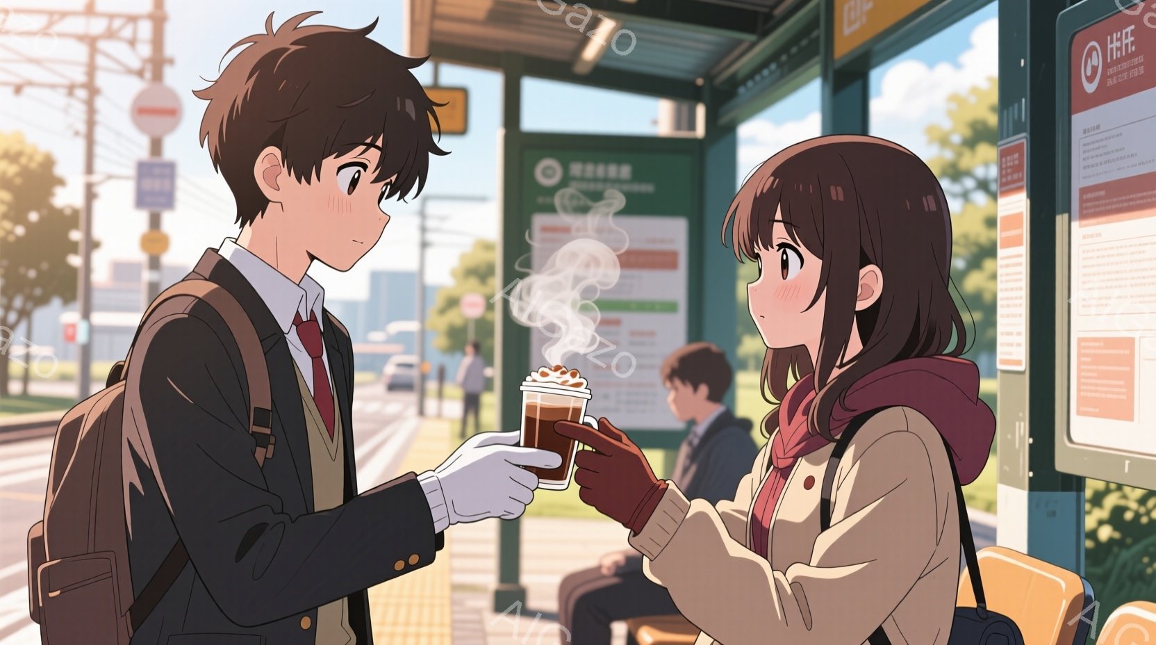 少年は紺色のブレザーに赤いネクタイを締め、肩にリュックサックを背負っています。彼は少女にホットドリンクを差し出し、微笑んでいます。少女はベージュのコートに赤いマフラーを巻き、少し照れたような表情でそれを受け取っています。背景には、道路、建物、そして少し霞んだ空が広がっており、穏やかで少し切ない雰囲気が漂っています。