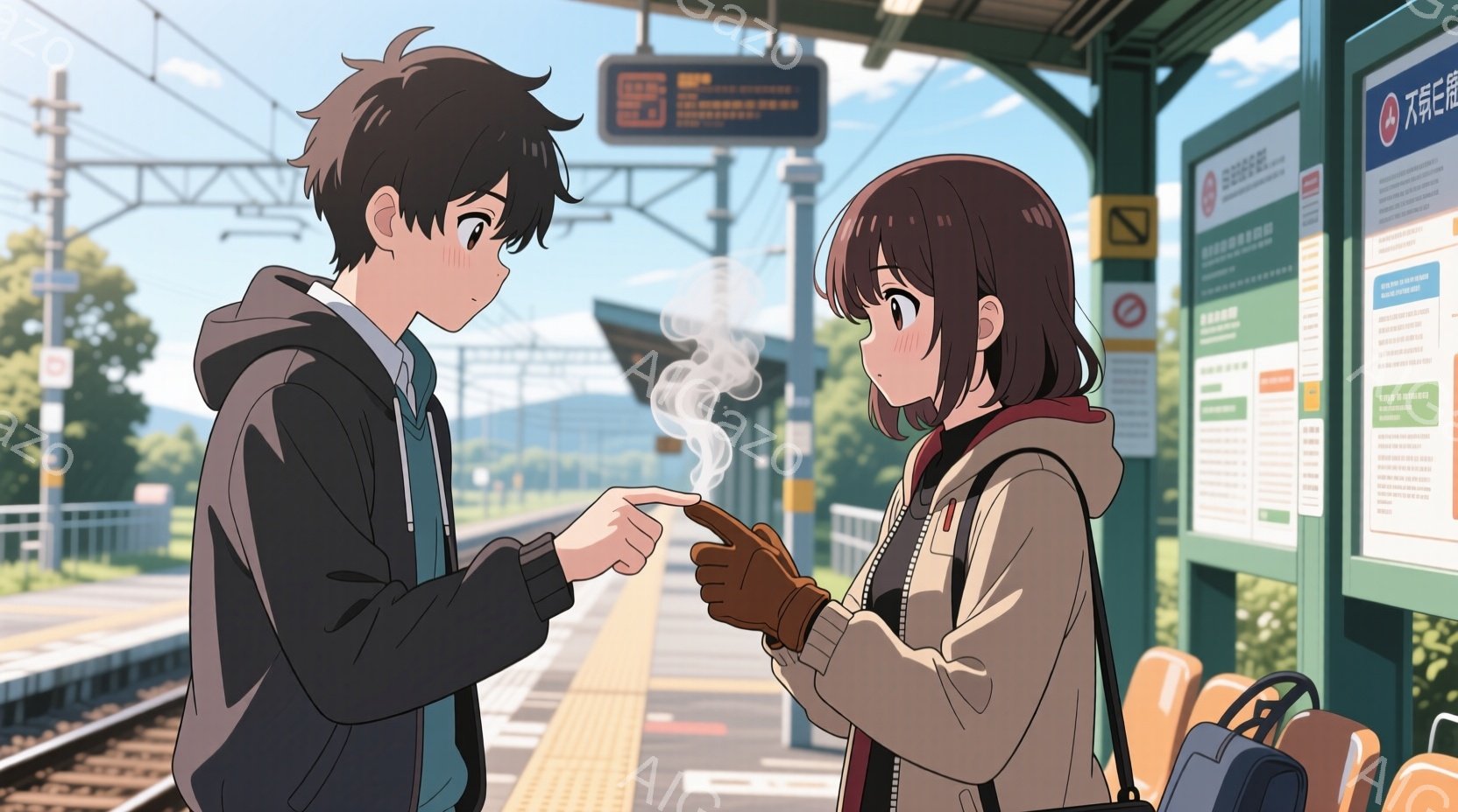 見た目は若い男女が駅のホームで向かい合っている様子が描かれている。男の子は黒いジャケットと青いシャツを着ており、女の子はベージュのニットと茶色のコートを着て、手袋をはめている。背景には線路、駅の構造物、遠くの山々が見え、晴天で穏やかな雰囲気が漂っている。