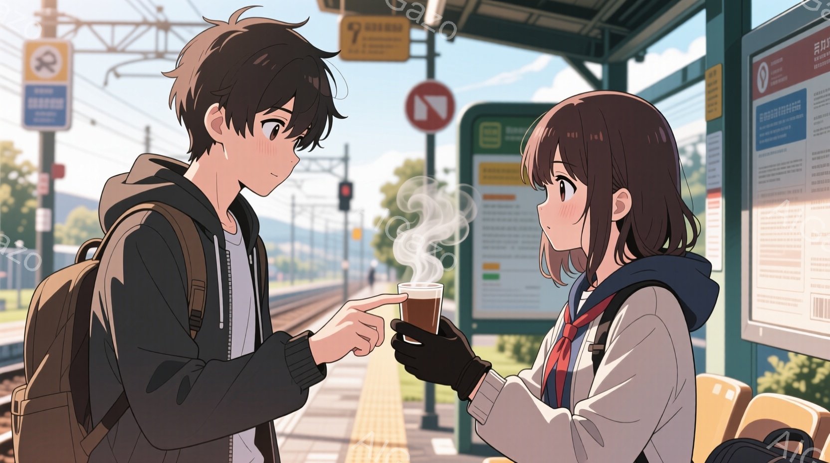 鉄道の駅のホームに、若い男女が立っている。少年は黒いパーカーとリュックサックを身に着け、少女は白いセーターに赤いネクタイと黒い手袋を着用しており、温かい飲み物を少年に差し出している。背景には線路、信号機、駅の案内板が見え、空は晴れていて、穏やかな春の日のような雰囲気である。