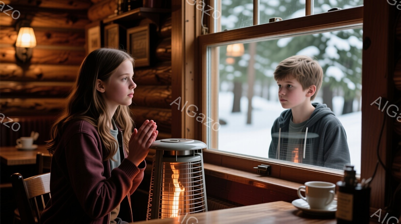 少女と少年が暖炉の前に座り、窓の外の雪景色を眺めている。少女は赤いセーターを着て髪を後ろでまとめており、集中した表情で何かを考えているように見える。少年はグレーのパーカーを着ており、少し物憂げな表情で - AI生成フリー素材