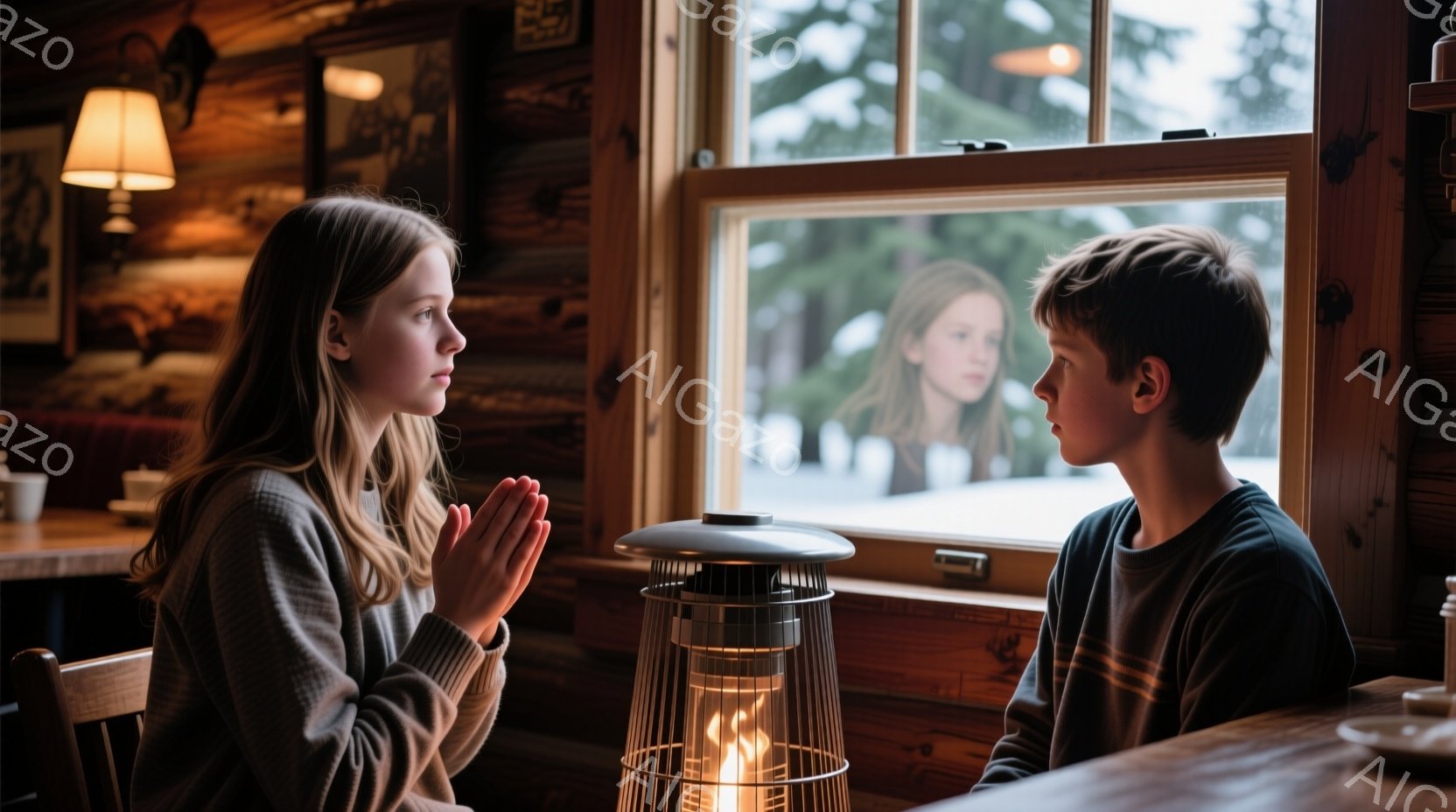 暖炉のそばに座る若い女の子と男の子が描かれています。女の子はグレーのセーターを着て、長い髪を後ろに流しています。男の子は縞模様のシャツを着ており、二人は真剣な表情で向き合い、話し合っているようです。