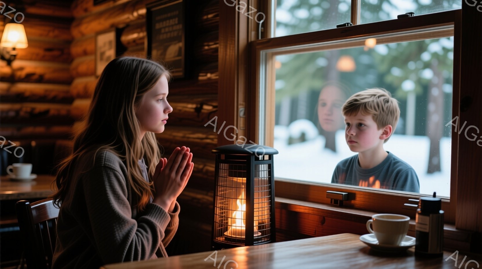 長い茶色の髪を後ろでまとめた少女が、テーブルに座って両手を合わせて祈るような姿勢をとっています。背景には木製の壁と窓があり、窓の外は雪景色で、少年の顔が見えます。暖炉のようなランタンがテーブルに置かれ、室内は温かく、静かで穏やかな雰囲気が漂っています。