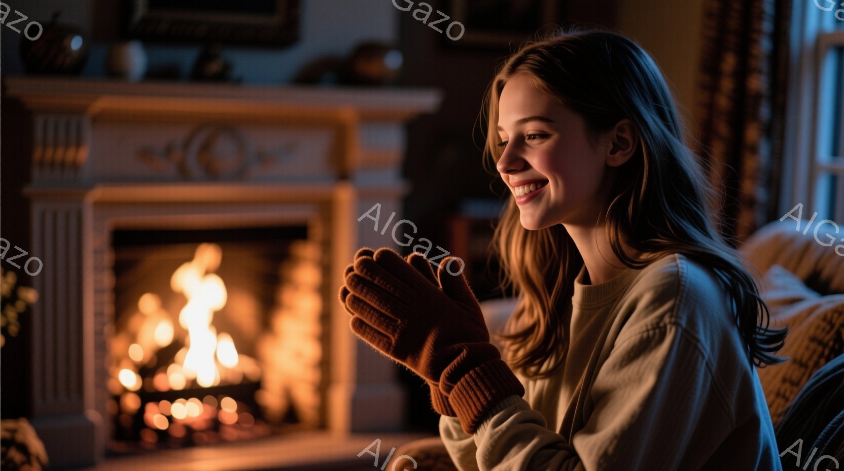 暖炉の前で微笑む若い女性が写っています。彼女はベージュのセーターと茶色のニット手袋を身に着け、長い茶髪は肩にかかっています。背景には、暖炉、絵画、そしてぼんやりとしたソファが見え、全体的に暖かく、居心 - AI生成フリー素材