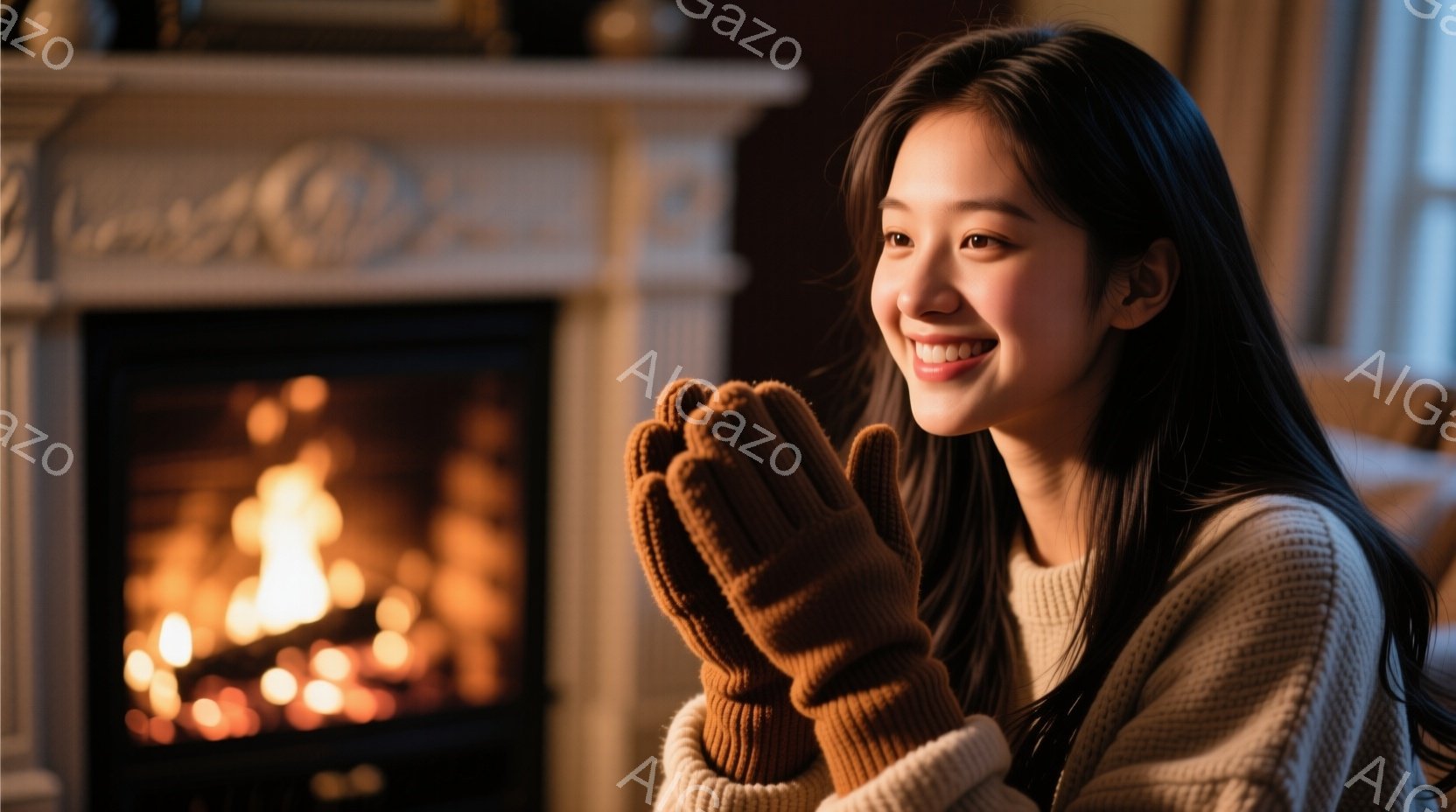 長い黒髪の女性が、クリーム色のセーターと茶色の手袋を着て暖炉の前で微笑んでいます。彼女は両手を重ねて温めており、リラックスした優しい表情を浮かべています。背景には暖炉があり、暖かく心地よい雰囲気が漂っ - AI生成フリー素材
