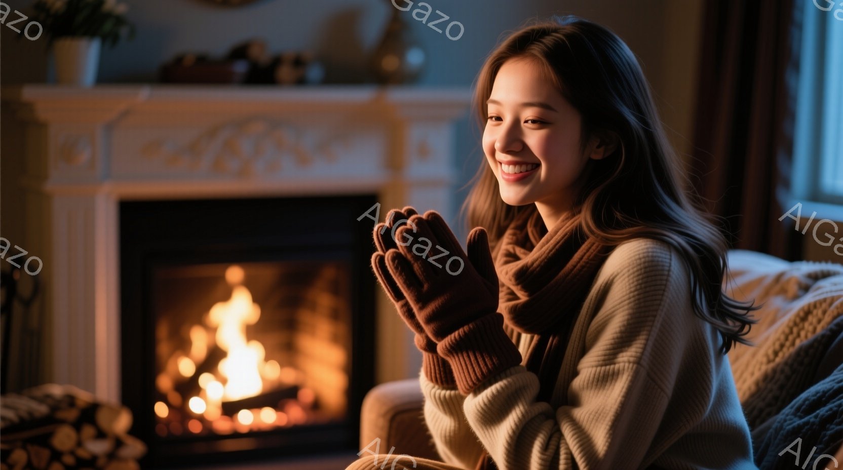 明るい笑顔を浮かべた女性が、暖炉の前で両手を合わせて温めている。ベージュのニットセーターと茶色の手袋、スカーフを身につけ、長い髪はゆるやかにウェーブがかかっている。背景には、暖炉と家具が見え、温かく穏 - AI生成フリー素材