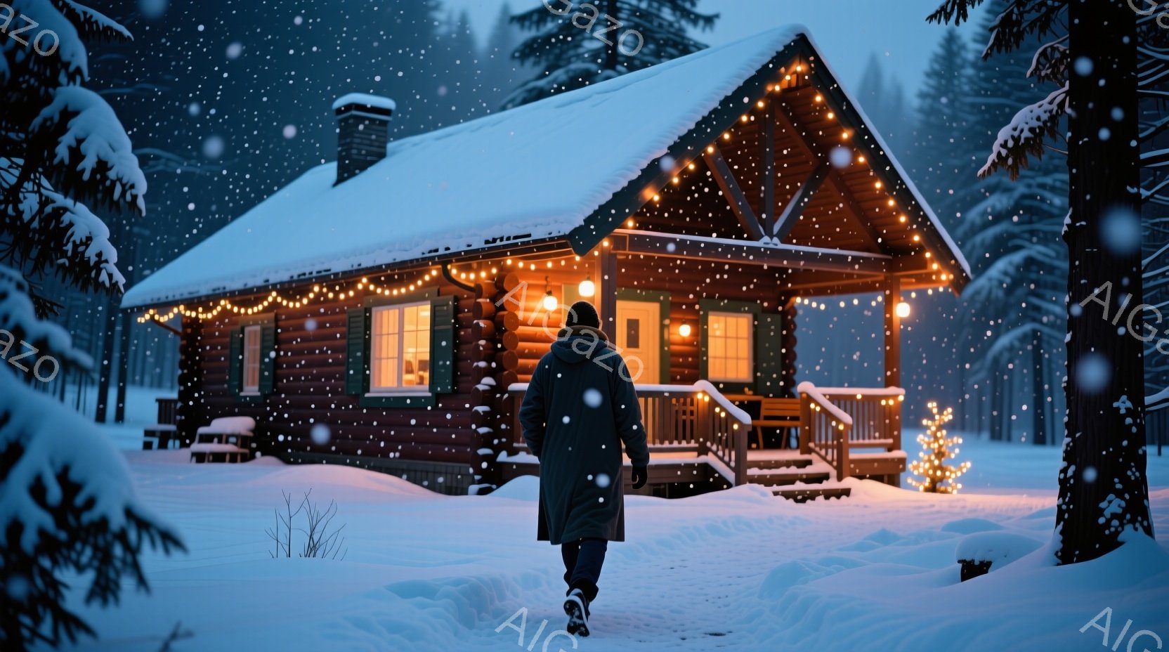 雪が降り積もる中、黒いコートを着た人物が、暖かい光を放つ丸太小屋に向かって歩いている。丸太小屋は、祭りのような電飾で飾られ、正面のポーチには小さなクリスマスツリーが置かれている。背景には雪に覆われた木々が立ち並び、静かで穏やかな冬の夜の雰囲気を醸し出している。