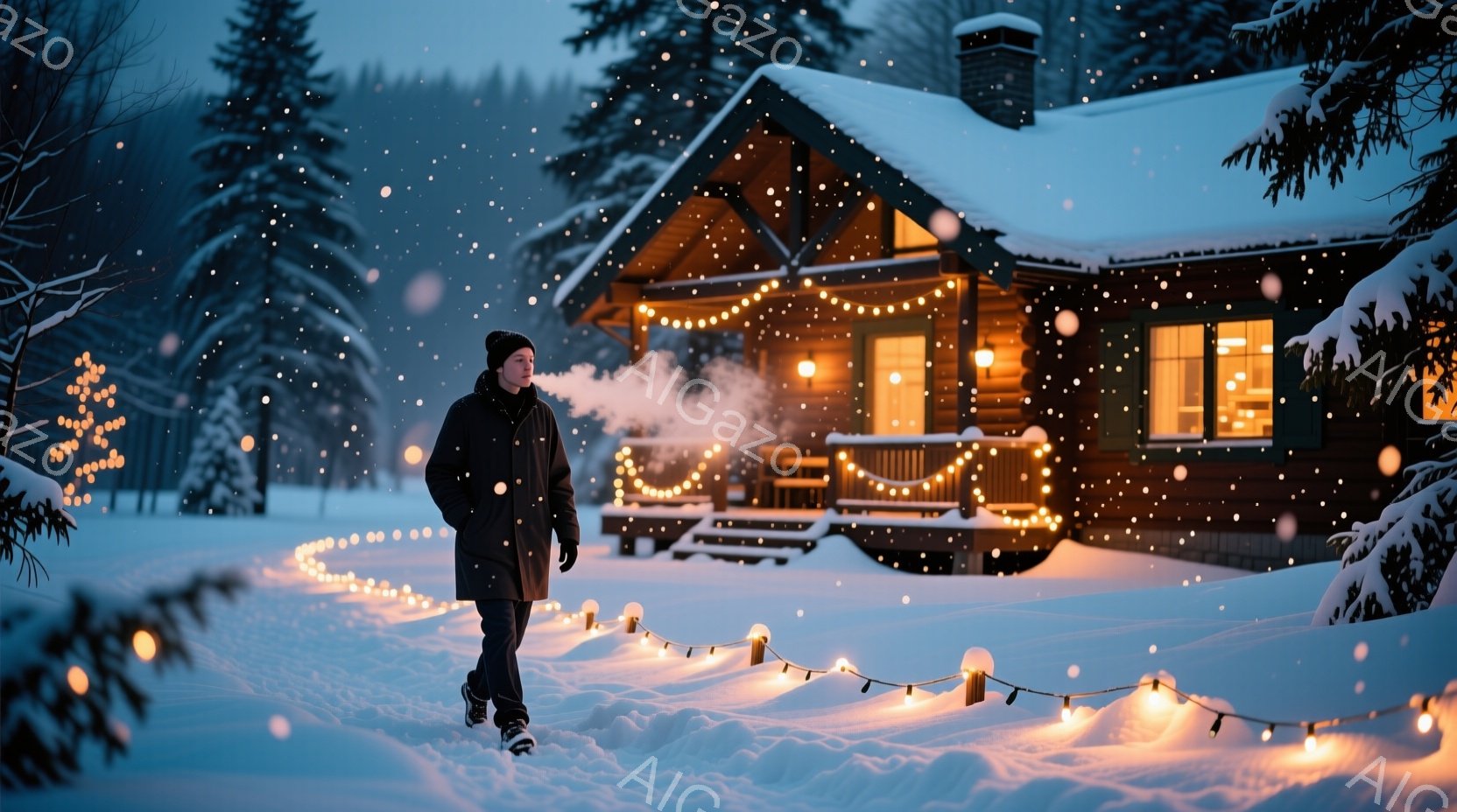 雪が降り積もる中、黒いコートと帽子を着用した男性が、ライトアップされた丸太小屋に向かって歩いている。丸太小屋は暖色の光で輝き、窓からは煙が立ち上り、冬の温かい雰囲気を醸し出している。背景には雪に覆われた木々が広がり、静かで穏やかな冬の風景が広がっている。