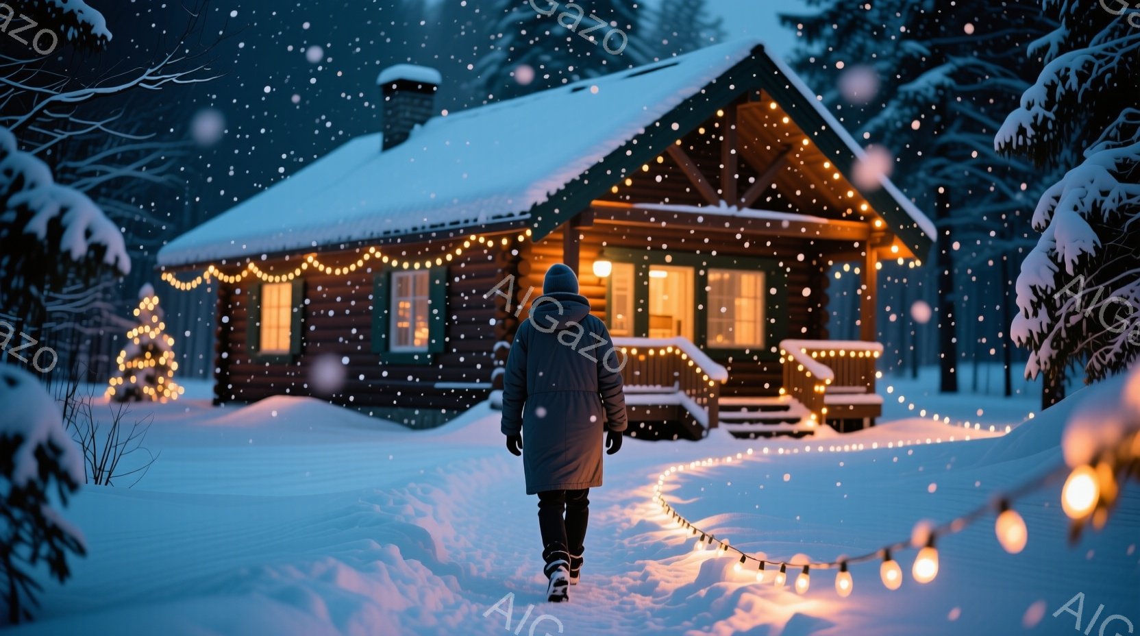 雪が降り積もる中、厚手の冬のコートと帽子を身につけた人物が、温かい光を放つログハウスに向かって歩いている。ログハウスはクリスマスライトで飾られ、暖かく穏やかな雰囲気を醸し出している。背景には雪に覆われた木々が広がり、静寂で幻想的な冬の景色が広がっている。