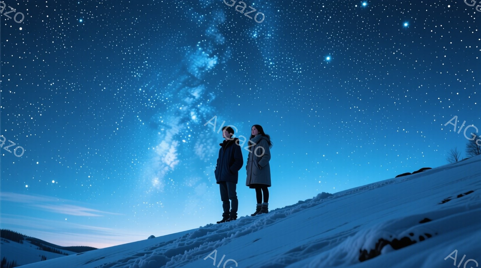 雪に覆われた丘の上に、男女が並んで立っている。男性は濃い青色のジャケットを着ており、女性は長めのグレーのコートを着ている。背景には星空が広がり、銀河がはっきりと見えるため、幻想的でロマンチックな雰囲気 - AI生成フリー素材