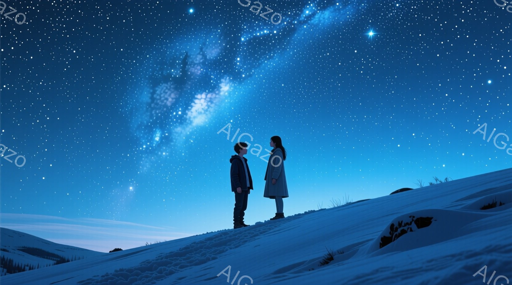 雪深い丘の上に、少年と少女が並んで立っている。少年は濃い青のジャケットを着ており、少女はグレーのコートを着ている。夜空には星が輝き、天の川が広がり、幻想的な雰囲気を醸し出している。