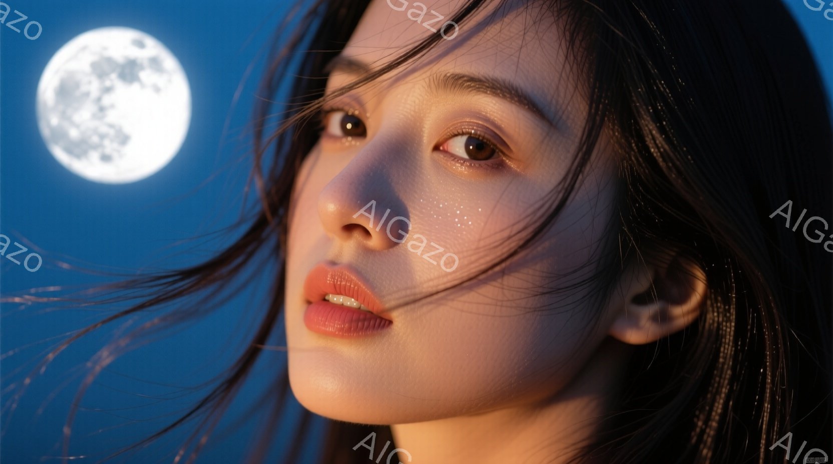 長い黒髪が風になびき、顔の一部を覆っている女性が写っている。彼女はわずかに上を見上げ、赤いリップと少し開いた唇が印象的で、どこか憂いを帯びた表情をしている。背景は濃い青空で、巨大な満月が明るく輝き、幻 - AI生成フリー素材