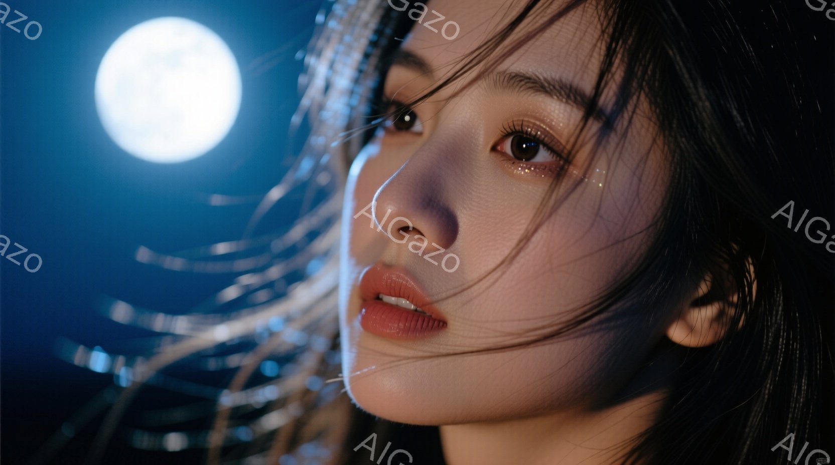 長い黒髪の女性がクローズアップで映っている。彼女は鮮やかな口紅を塗り、少し憂いを帯びた表情でカメラを見ている。背景にはぼやけた街並みと満月が輝き、全体的に幻想的でメランコリックな雰囲気を醸し出している。