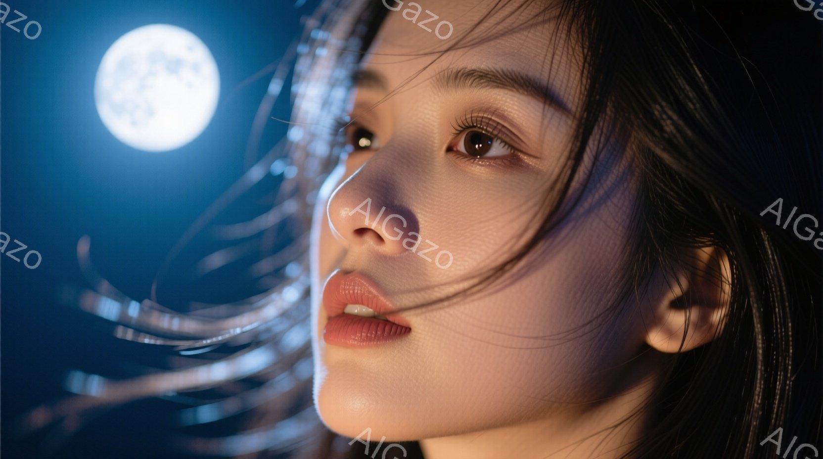 長い黒髪が風に舞い、横顔が印象的な女性が写っている。彼女はわずかに口を開け、どこか遠くを見つめている表情は、物憂げで幻想的だ。背景にはぼやけた光の筋と満月が浮かび、夜空の下で神秘的な雰囲気を醸し出して - AI生成フリー素材