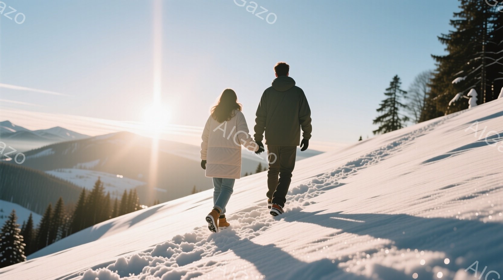 雪景色の中、男女が手をつないで雪山を登っている。女性はロングヘアで白いコート、男性は黒いジャケットとズボンを着用しており、ともにハイキングブーツを履いている。背景には針葉樹林が広がり、太陽の光が雪原を照らし、温かく穏やかな雰囲気を醸し出している。